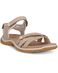 Women's Ecco Yucatan Slim Walking Sandal in beige with cushioned footbed and adjustable straps for outdoor comfort and support.