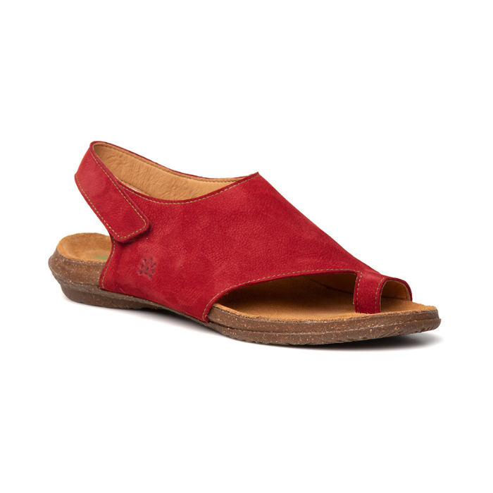 Red toe-loop slingback sandal with a brown footbed and outsole.