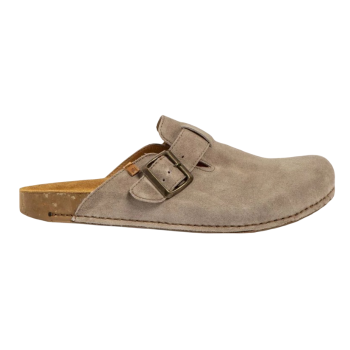 Clog in taupe suede with an adjustable buckle and cork outsole.