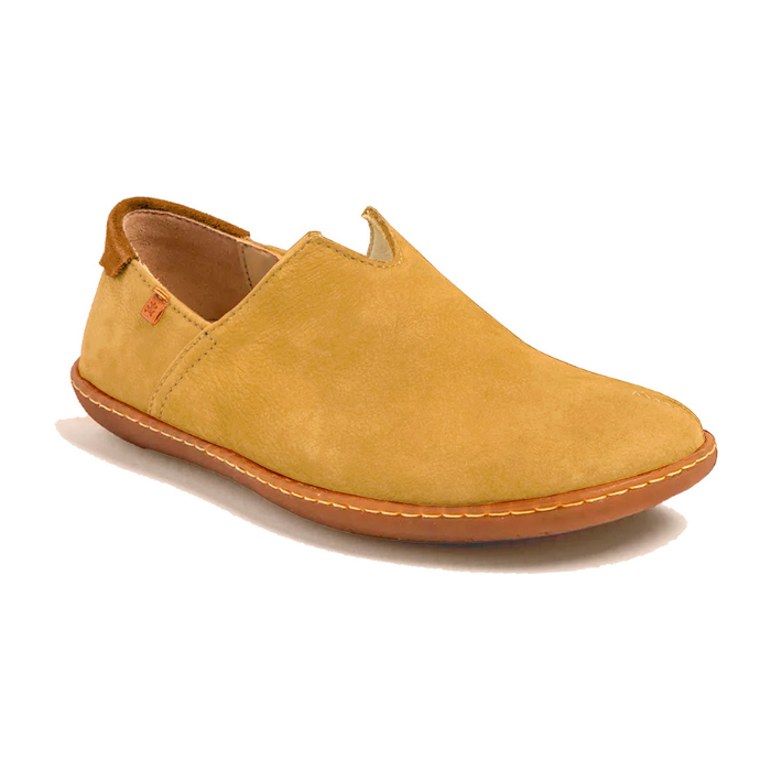 Yellow slip-on shoe with brown accents and brown outsole.
