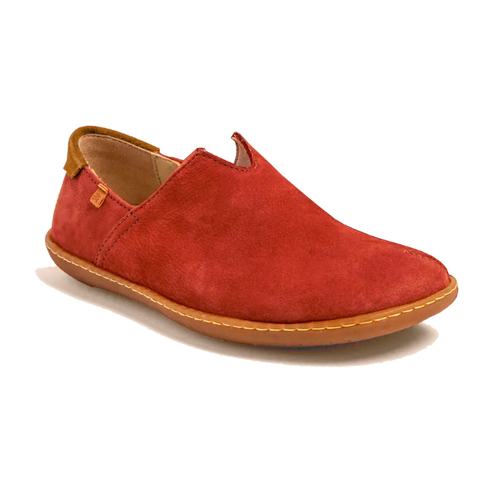 Red slip-on shoe with brown accents and brown outsole.
