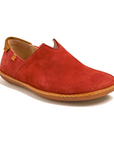 Red slip-on shoe with brown accents and brown outsole.