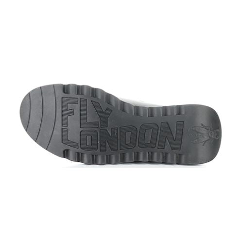 Black lugged outsole with Fly London logo stamped on.