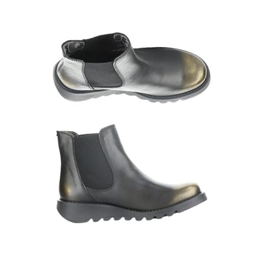 Pair of A black leather Chelsea boots with dual elastic side goring, bronze brushed toe cap and heel, and a low lugged rubber outsole.