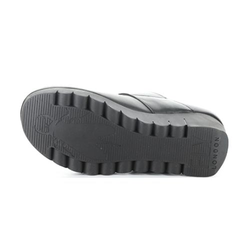 Black lugged wedge outsole with Fly London branding heel and fly logo near toe.