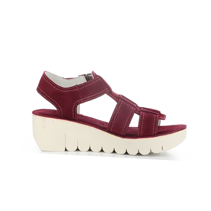 Profile of Deep Berry suede gladiator style sandal with detail stitching and a off-white lugged platform outsole.