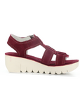 Profile of Deep Berry suede gladiator style sandal with detail stitching and a off-white lugged platform outsole.