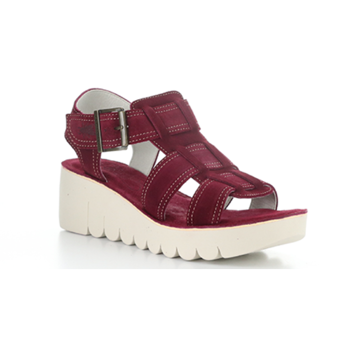 Deep Berry suede gladiator style sandal with detail stitching and a off-white lugged platform outsole.