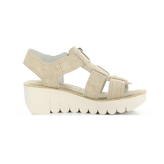 Profile of a taupe suede gladiator style sandal with detail stitching and a lugged platform outsole.