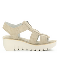 Profile of a taupe suede gladiator style sandal with detail stitching and a lugged platform outsole.