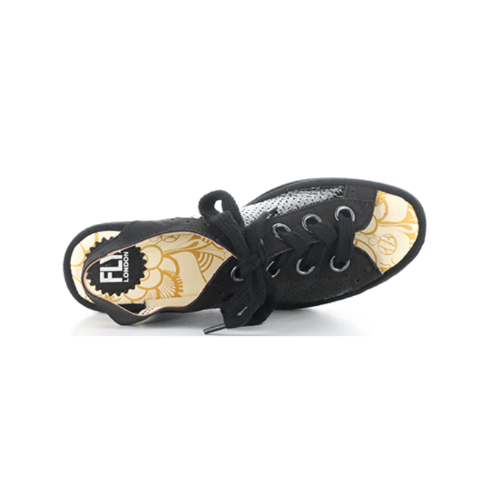 Black wedge sandal with patent accents, lace closure, open heel and toe and yellow Fly London logo'd and patterned footbed.