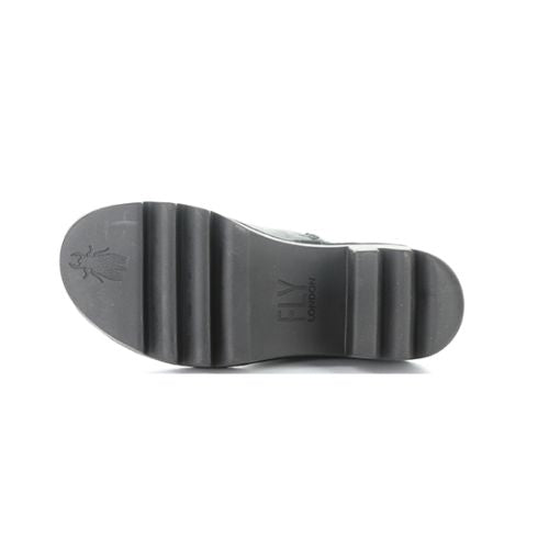 Black lugged outsole with Fly London Logo on heel and toe.