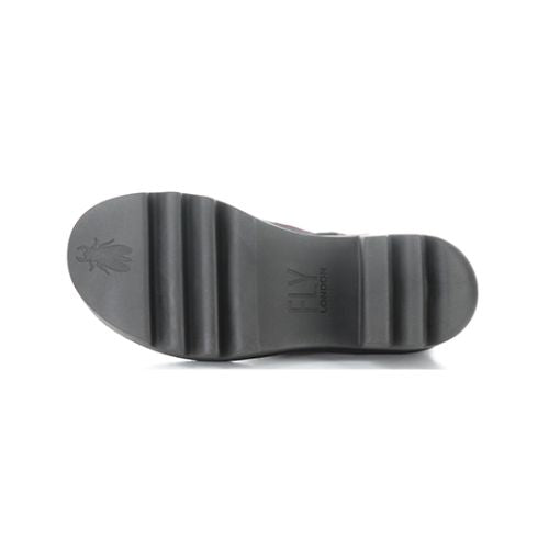 Black lugged outsole with Fly London branding in middle and toe.