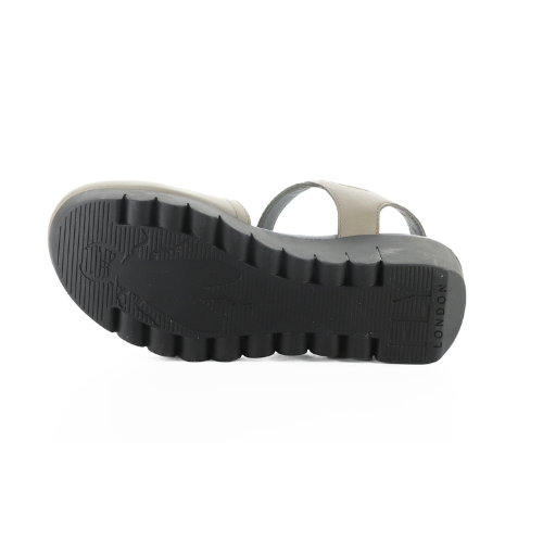 Black lugged wedge outsole with Fly London logo stamped on middle.