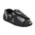 Nurse 2 Slipper in Black Floral. A closed-back slipper with a black textile upper, featuring a polka dot and grey floral design. There is an adjustable Velcro closure across the front. Outsole is black. 