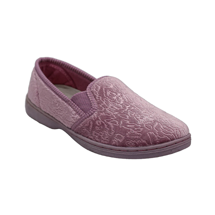Debbie 2 Slipper in pink. Pink textile upper with embossed pattern, and a pink rubber outsole. 