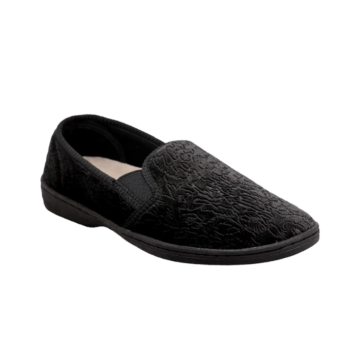 Debbie 2 Slipper in black. Black textile upper with subtle embossed pattern, and a black rubber outsole.