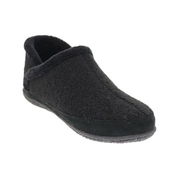 Black fuzzy slipper with black rubber outsole.