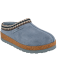 Blue platform suede clog with Aztec pattern cuff, cork midsole and blue EVA outsole.