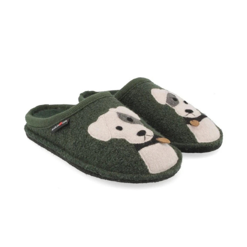 Pair of dark green boiled wool slippers with a white Jack Russell Terrier dog face design on each, and a small orange dog tag detail.