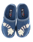 A pair of blue felt slip-on slippers with embroidered felt cat designs on the front, with Haflinger tag on the footbed.