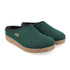 Kris Wool Clog in Blue. A dark blue wool upper with a grey band, cork midsole, and a brown rubber outsole. A small brass badge with the Haflinger logo is stitched to the side. 