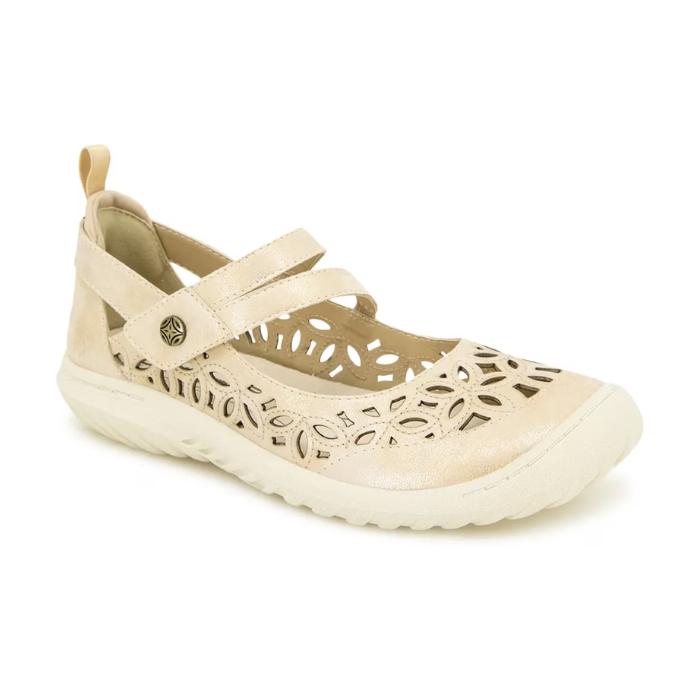 JBU Bellerose Encore Mary-Jane Flat in beige with floral cutouts and a white rubber outsole, perfect for versatile styling.