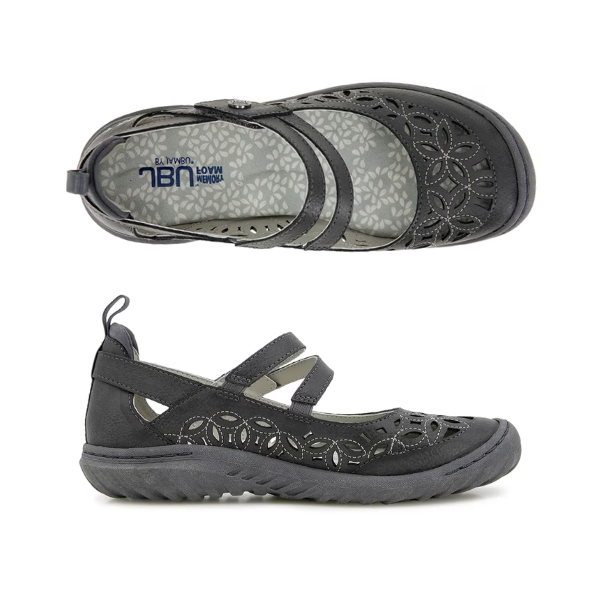 Top and side views of the JBU Bellerose Encore Mary-Jane Flat, featuring floral cutouts and adjustable straps.