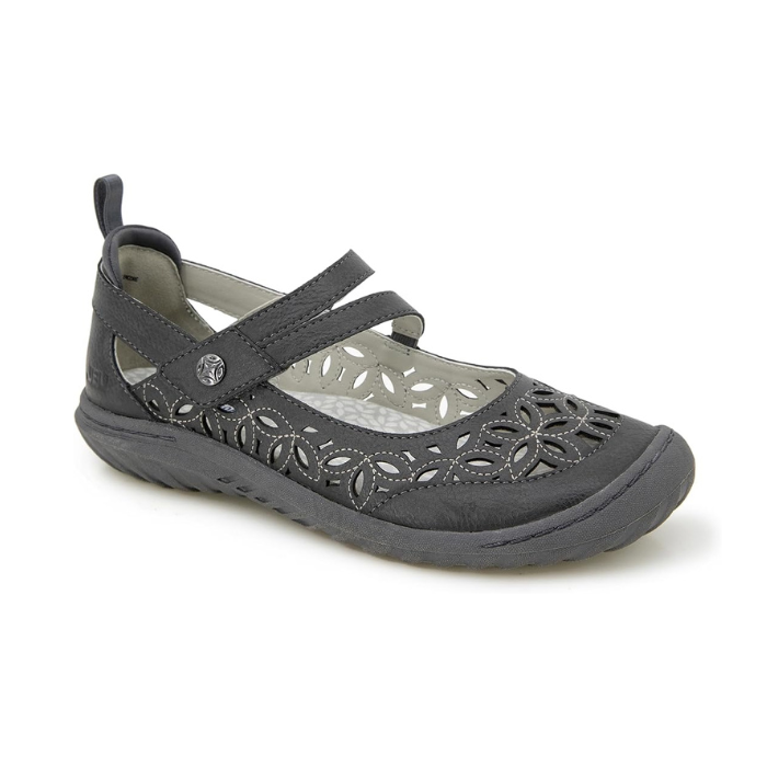 Black Mary-Jane Flat with floral perforations and durable rubber outsole, ideal for casual wear.