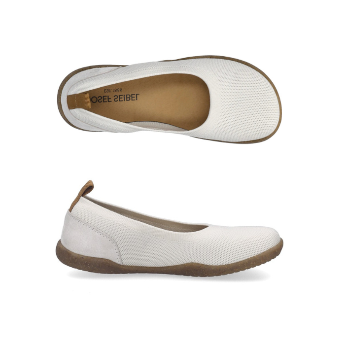 Pair of White knit barefoot flats with brown heel tab, tan Josef Seibel footbed and brown outsole.