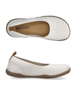 Pair of White knit barefoot flats with brown heel tab, tan Josef Seibel footbed and brown outsole.