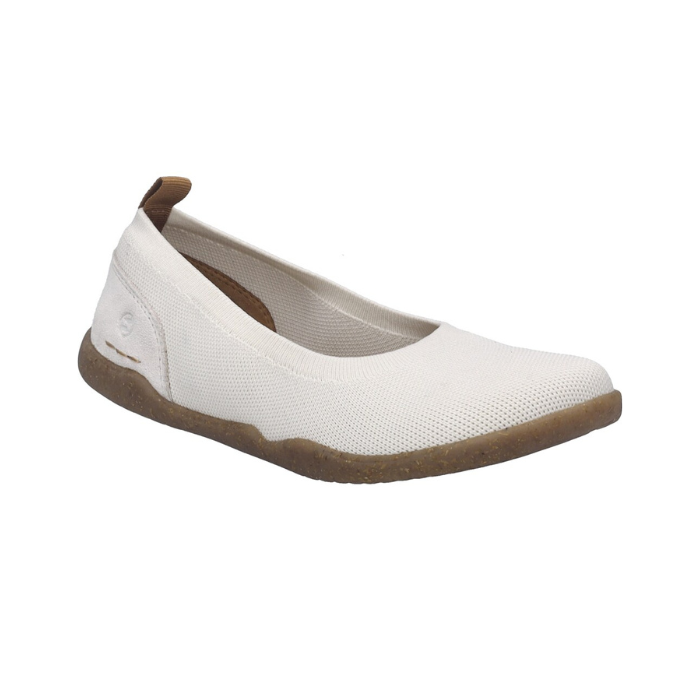 White knit barefoot flat with brown heel tab and brown outsole.