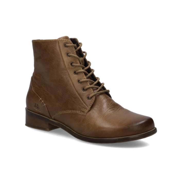 A brown leather lace-up ankle boot with a low block heel, shown from a three-quarters angle on a white background.