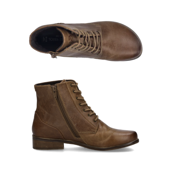 A pair of women's brown leather Josef Seibel lace-up ankle boots shown from two angles: a top-down view at the top and a side profile view at the bottom. 