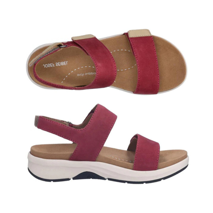Pair of Deep Pink backstrap sandals with three thick Velcro straps, tan accents, tan Josef Seibel logo'd footbed and a thick white midsole.