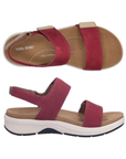 Pair of Deep Pink backstrap sandals with three thick Velcro straps, tan accents, tan Josef Seibel logo'd footbed and a thick white midsole.