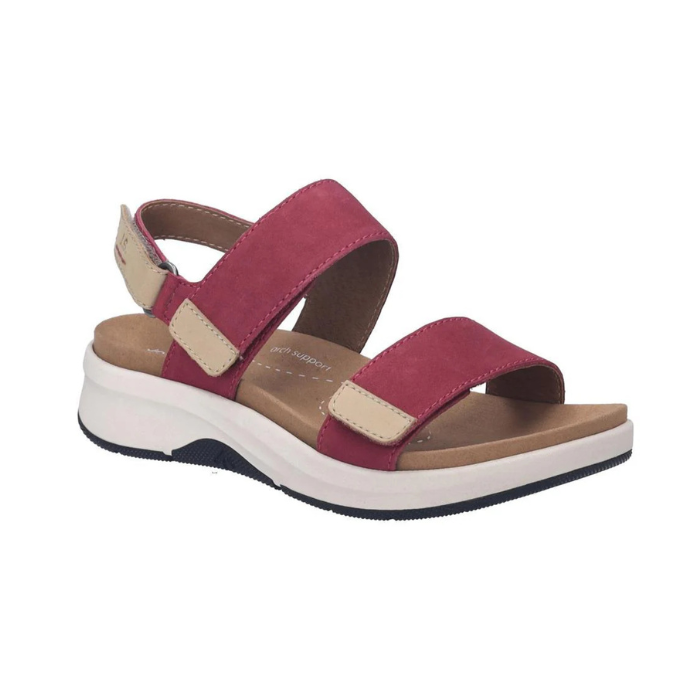 Deep Pink backstrap sandal with three thick Velcro straps, tan accents, tan Josef Seibel logo'd footbed and a thick white midsole.