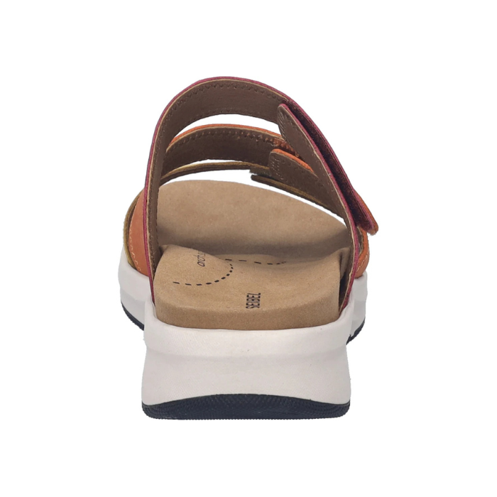 Back view of a sandal with colorful straps, tan footbed, white midsole and black outsole.