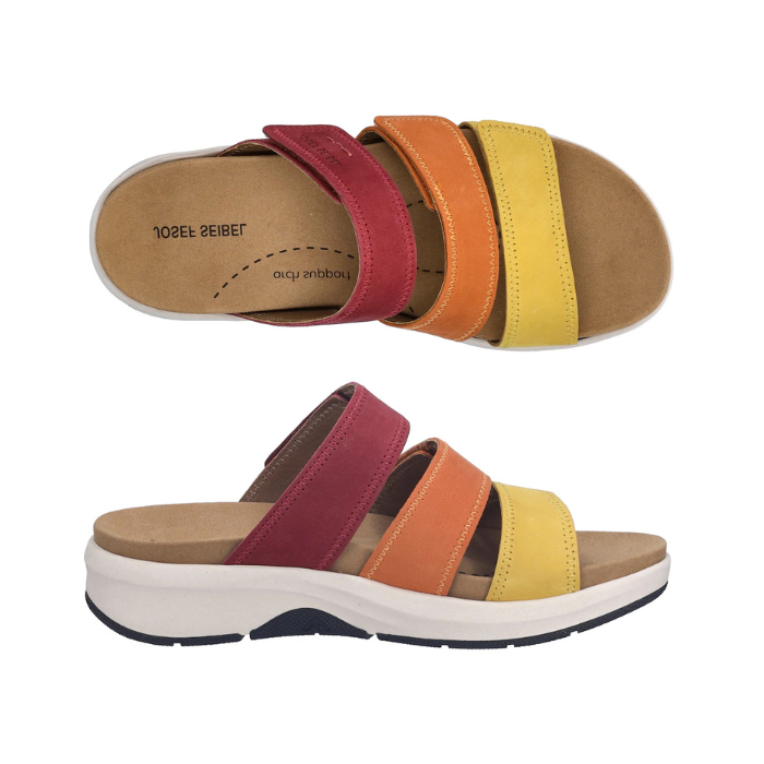 Pair of Slide sandals with three Velcro straps, each a different color; pink, orange and yellow, with tan Josef  Seibel logo'd footbed, thick white midsole and black outsole