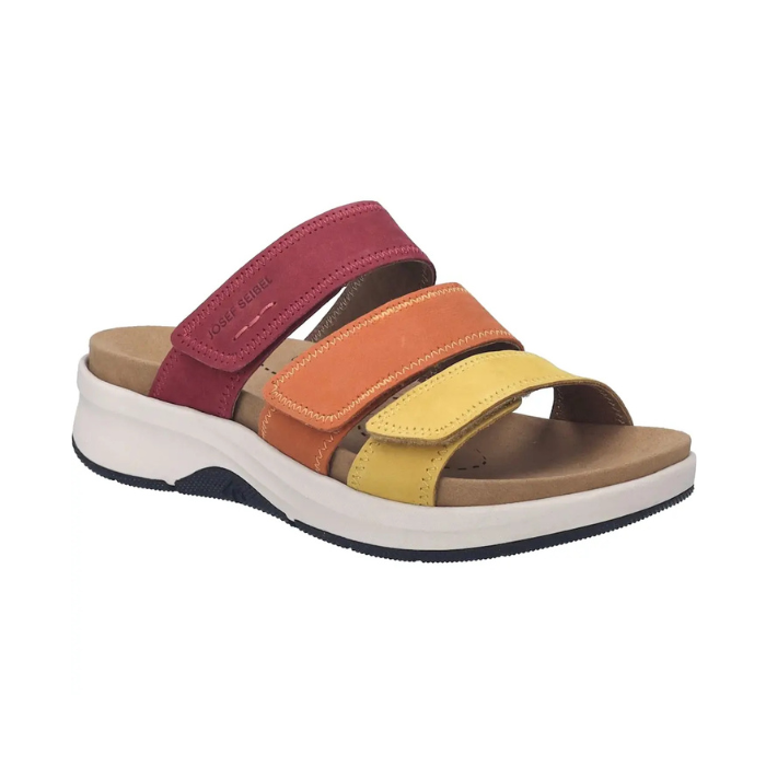 Slide sandal with three Velcro straps, each a different color; pink, orange and yellow, with tan Josef  Seibel logo'd footbed, thick white midsole and black outsole.