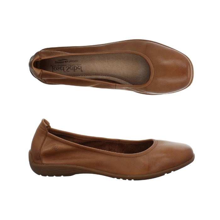 Pair of Brown leather flats with tan Josef Seibel logo'd footbed and brown thin outsole.