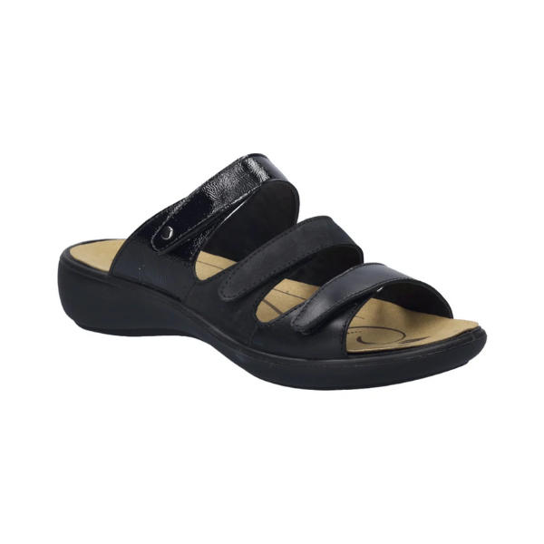 Women's Romika Ibiza Leather Slide Sandal in black with three adjustable straps and a cushioned removable footbed for orthotic support.
