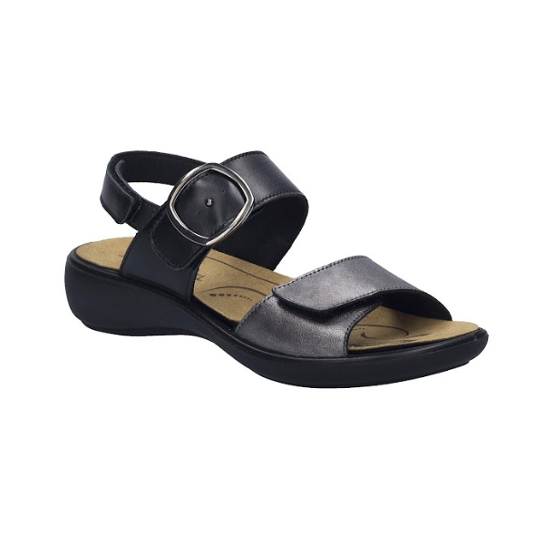 Women's josef seibel Ibiza 12 Sandal in black with adjustable backstrap and cushioned removable footbed for summer-ready comfort and support.