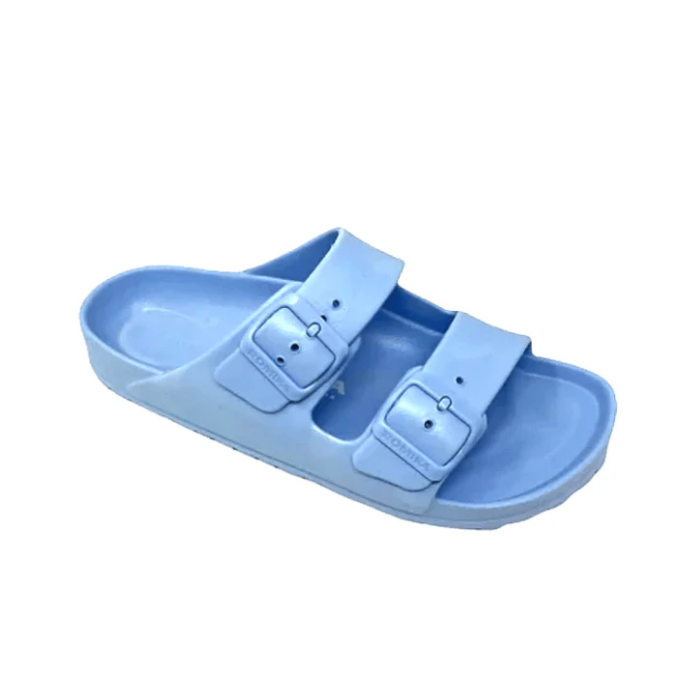 Baby blue EVA slide sandal with two straps, buckle closures and Romika logo'd footbed.
