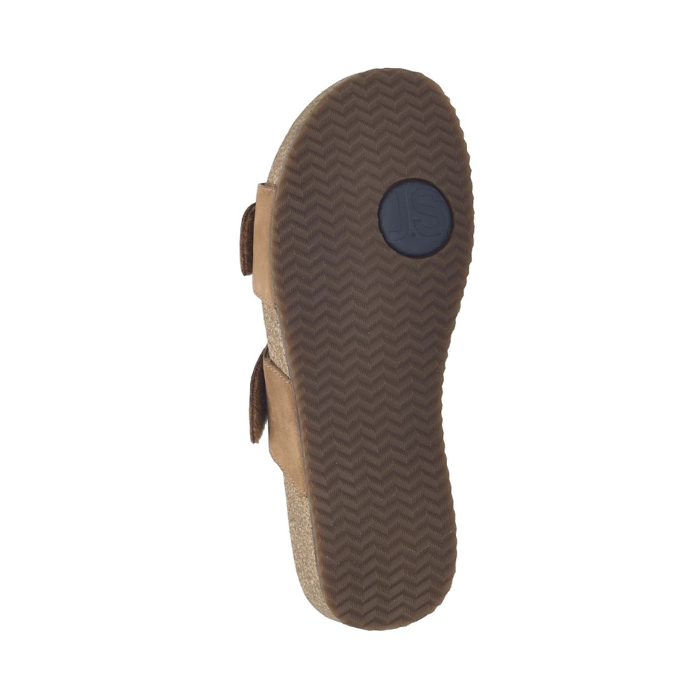 Brown wave pattern tread with blue circle JS logo at ball of foot.