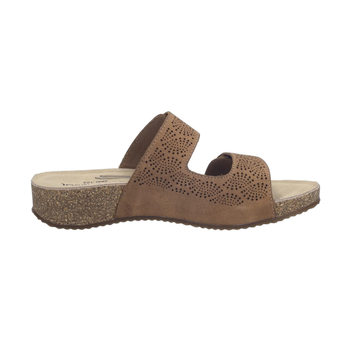 Profile of Brown slide sandal with two adjustable Velcro perforated straps, tan Josef Seibel footbed, cork midsole and brown outsole.