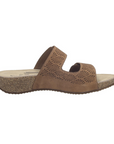 Profile of Brown slide sandal with two adjustable Velcro perforated straps, tan Josef Seibel footbed, cork midsole and brown outsole.