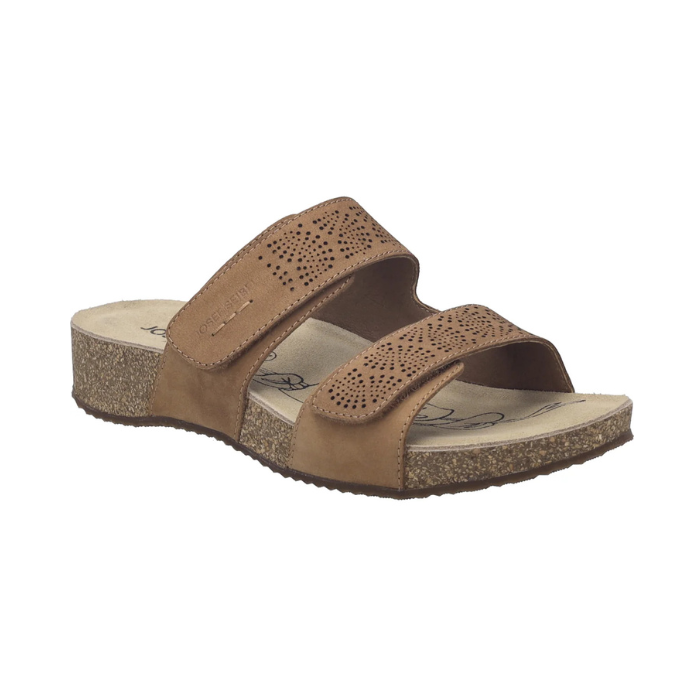 Brown slide sandal with two adjustable Velcro perforated straps, tan Josef Seibel footbed, cork midsole and brown outsole.