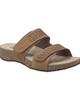 Brown slide sandal with two adjustable Velcro perforated straps, tan Josef Seibel footbed, cork midsole and brown outsole.