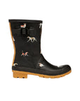 Black mid-height rain boot with dog print, side buckle and yellow outsole.